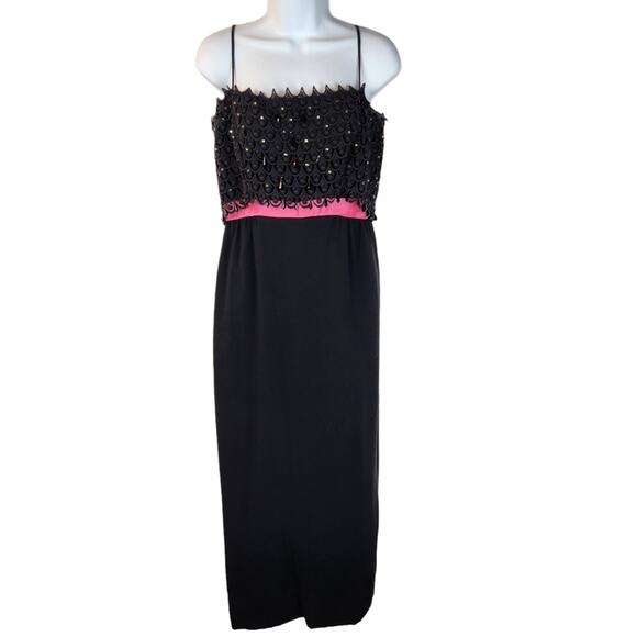 JR Theme Vintage Evening Dress Sz Small Beaded Bodice Black Pink Union Made - Picture 1 of 8